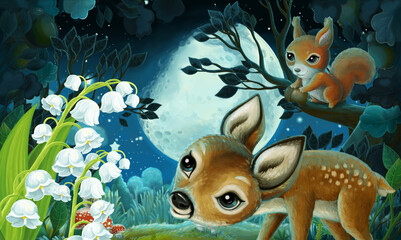 cartoon image with forest animals by night squirrel fox owl deer - illustration