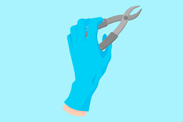 Vector cartoon hand of a dentist in a blue glove that hold a dental instrument: tooth extraction forceps.