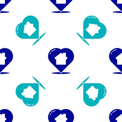 Blue House with heart shape icon isolated seamless pattern on white background. Love home symbol. Family, real estate and realty. Vector Illustration.