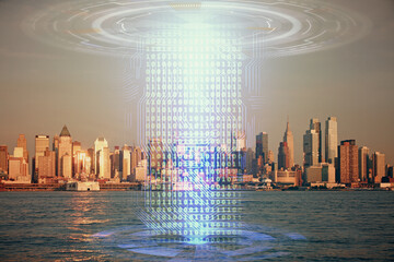 Data theme hologram drawing on city view with skyscrapers background multi exposure. Bigdata concept.