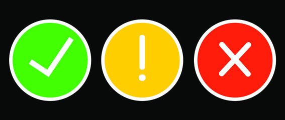 Decision making icon set of check mark, an x and warning exclamation point on black background for positive, negative, yes, no, or danger concepts.