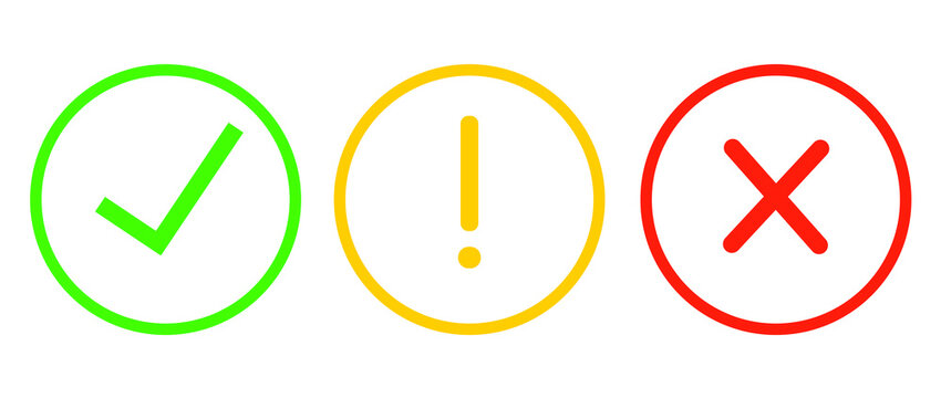 Decision making icon set of check mark, an x and warning exclamation point on white background for positive, negative, yes, no, or danger concepts.