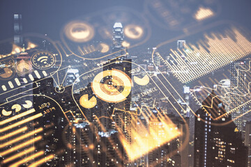 Double exposure of technology theme hologram and cityscape background. Concept of Hightech.
