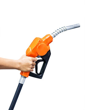 Hand holding orange fuel nozzle isolated on white background