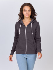 Beautiful woman in the template of a women's sweatshirt of grey color
