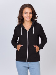 Beautiful woman in the template of a women's sweatshirt of black color