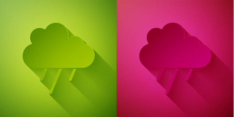 Paper cut Cloud with rain icon isolated on green and pink background. Rain cloud precipitation with rain drops. Paper art style. Vector.