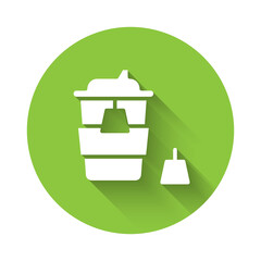 White Coffee cup to go icon isolated with long shadow. Green circle button. Vector.