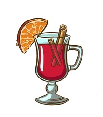 Christmas mulled wine. Hand painted wine glass, cinnamon, gingerbread and fir branch isolated on white background. Winter illustration for design, print, fabric. 