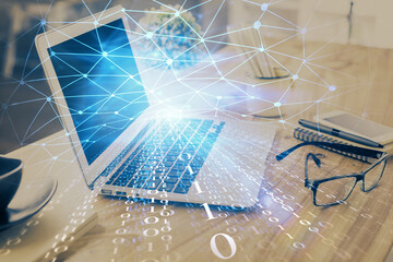 Double exposure of table with computer on background and data theme drawing. Concept of innovation.