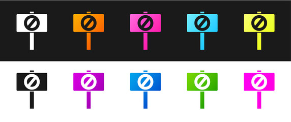 Set Protest icon isolated on black and white background. Meeting, protester, picket, speech, banner, protest placard, petition, leader, leaflet Vector illustration