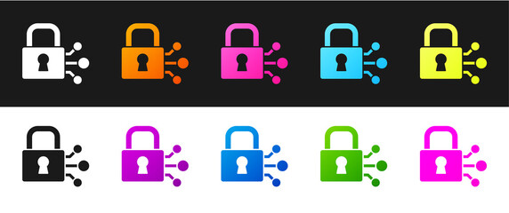 Set Lock with bitcoin icon isolated on black and white background. Cryptocurrency mining, blockchain technology, security, protect, digital money. Vector.