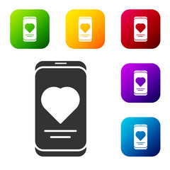 Black Smartphone with heart rate monitor function icon isolated on white background. Set icons in color square buttons. Vector.