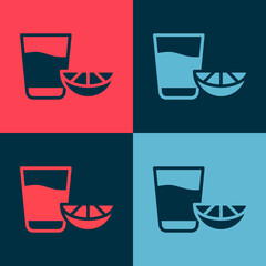 Pop art Tequila glass with lemon icon isolated on color background. Mexican alcohol drink. Vector.