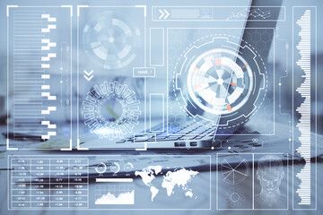 Double exposure of desktop with computer on background and tech theme drawing. Concept of big data.