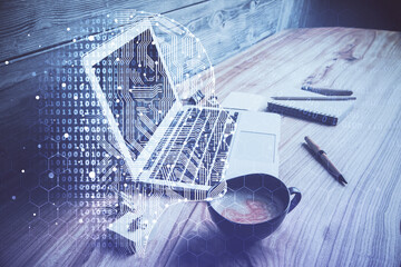 Double exposure of desktop computer and human brain drawing hologram. Ai concept.