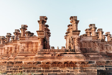 scenic View of the columns of ancient historic place Chhatardi with clear blue sky at Bhuj, Gujarat, India.
