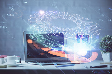 Double exposure of desktop with personal computer on background and tech theme drawing. Concept of data analysis.