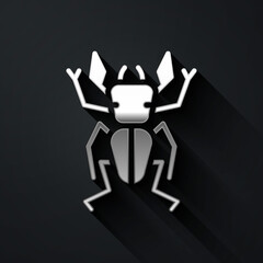 Silver Beetle deer icon isolated on black background. Horned beetle. Big insect. Long shadow style. Vector.