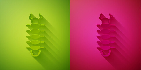 Paper cut Centipede insect icon isolated on green and pink background. Paper art style. Vector.