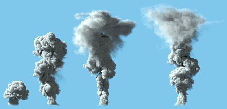 4 images of heavy bright smoke column as from volcano or big industrial explosion - disaster concept, 3d illustration of object