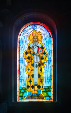 Detail of St. Basil on stained glass window in Orthodox Church.