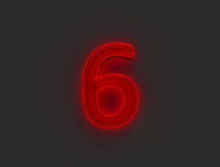 Red polished neon light glow reflective alphabet - number 6 isolated on grey background, 3D illustration of symbols