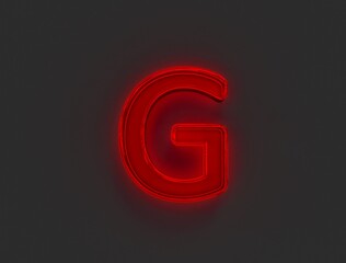 Red glossy neon light glow reflective alphabet - letter G isolated on grey, 3D illustration of symbols