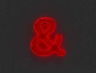 Red polished neon light glow reflective font - ampersand isolated on grey background, 3D illustration of symbols