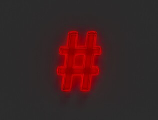 Red shiny neon light glow glass made font - number sign isolated on grey background, 3D illustration of symbols