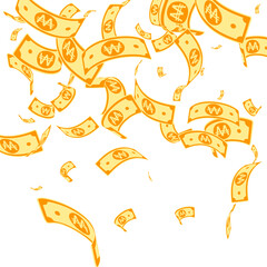 Korean won notes falling. Random WON bills on whit