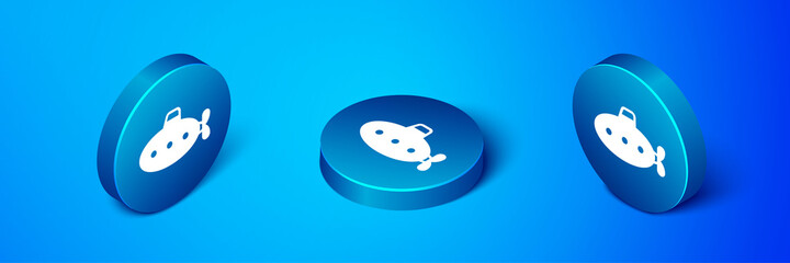 Isometric Submarine toy icon isolated on blue background. Blue circle button. Vector.
