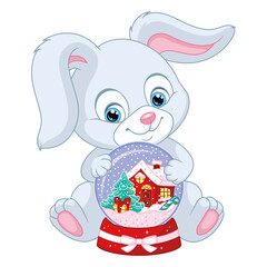 Fototapeta na wymiar Bunny with Christmas Snow Globe. Cartoon vector illustration