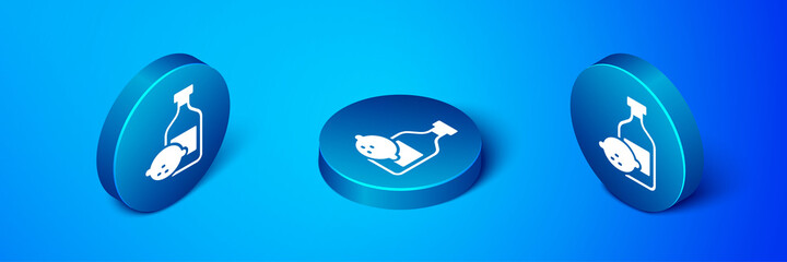 Isometric Limoncello bottle icon isolated on blue background. Bottle of fresh homemade lemonade. Blue circle button. Vector.