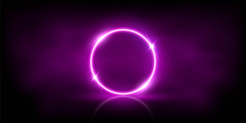 Glowing neon pink circle with sparkles in fog abstract background. Round electric light frame. Geometric fashion design vector illustration. Empty minimal ring art decoration