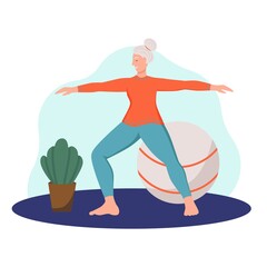 An elderly woman does yoga at home. The concept of active old age, sports, and yoga. Day of the elderly. Flat cartoon vector illustration.