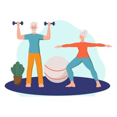 An elderly couple plays sports at home. The concept of active old age, sports, and yoga. Day of the elderly. Flat cartoon vector illustration.
