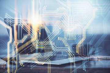 Multi exposure of table with computer and world map hologram. International data network concept.