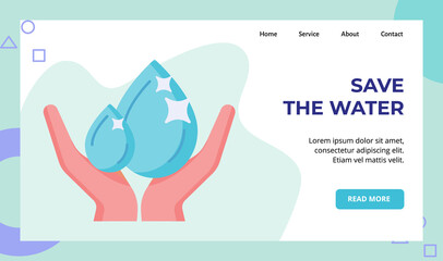 Save the water hand hold water drop campaign for web website home homepage landing page template banner with flat style