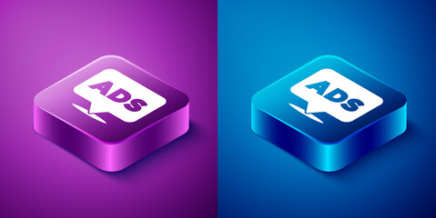 Isometric Advertising icon isolated on blue and purple background. Concept of marketing and promotion process. Responsive ads. Social media advertising. Square button. Vector.