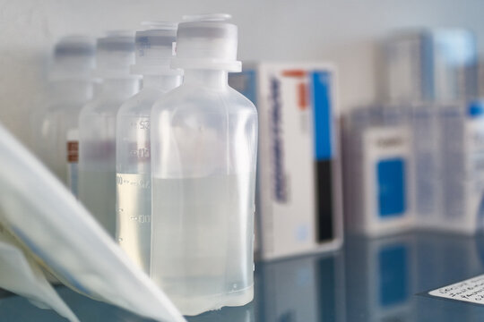 Bottles on a pharmacy shelf