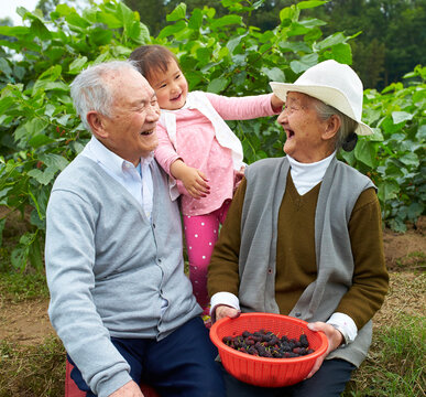 lovley little asian girl with her great grandparents outdoor