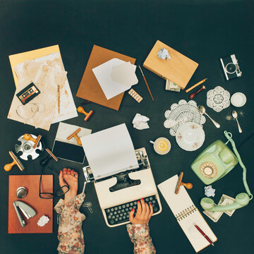 Exhausted worker with messy antique desk
