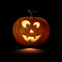 Glowing Halloween pumpkin with smiling face isolated on black background. Vector design element.
