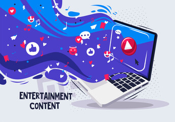 Vector illustration of a laptop with a red button of a video or music player, social network icons on the wave, entertainment content on the Internet