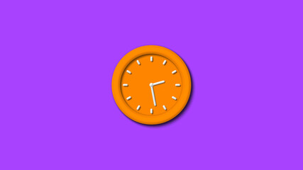 New orange color 3d wall clock isolated on purple background,3d wall clock,12 hours wall clock