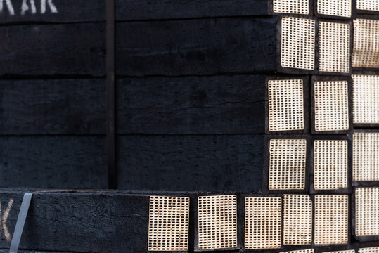Stacked railway ties or sleepers in a train yard