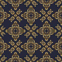 Swirl pattern. Seamless gold and navy blue ornament. 3D effect