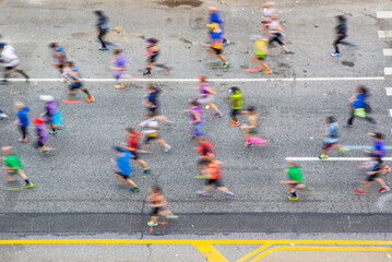 Colorful marathon runnered viewed from above