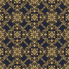 Swirl pattern. Seamless gold and navy blue ornament. 3D effect
